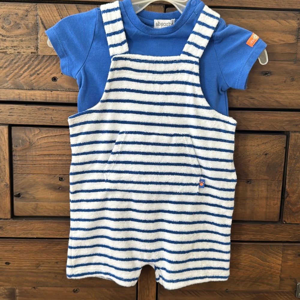 Vintage Absorba Baby Boy Terry Cloth Stripe Overalls & Tee 2pc Set size 3-6m